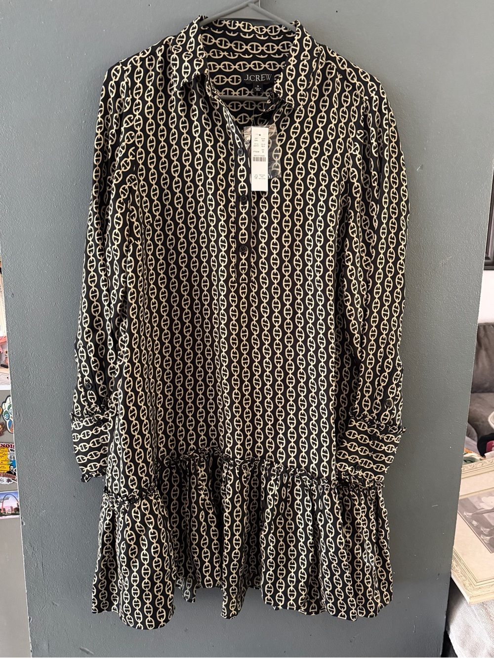J. Crew Black and Cream Chain-Link Ruffle-Hem Long-Sleeve Dress